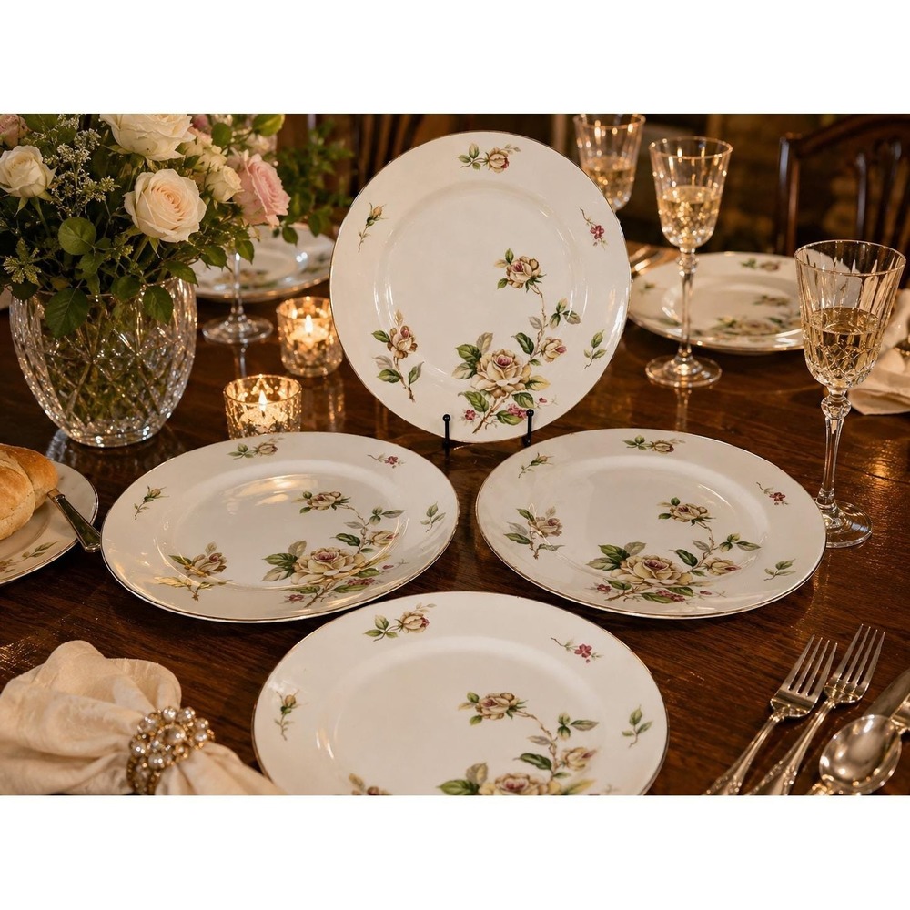 Lynmore Golden Rose Dinner Plates Set 4 Cottagecore French Country China MCM